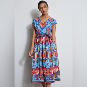 NWT Elie Tahari size 12 tapestry floral cotton midi dress with matching belt